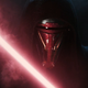 A Star Wars Sith wields a red light saber.